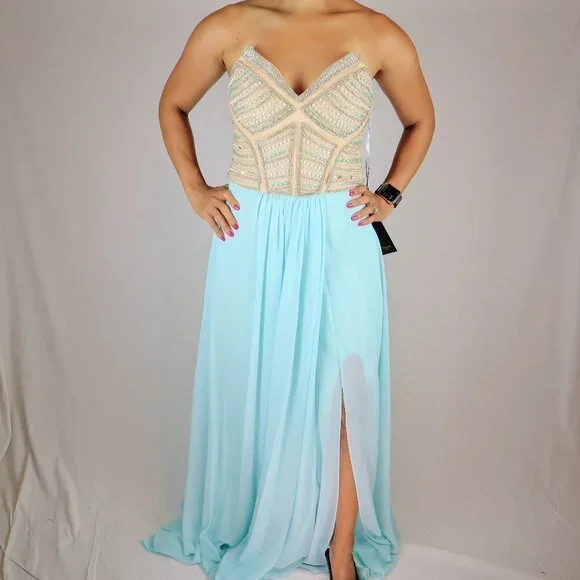 NWT Terani Couture Strapless Blue Gold Jeweled Formal Gown $495